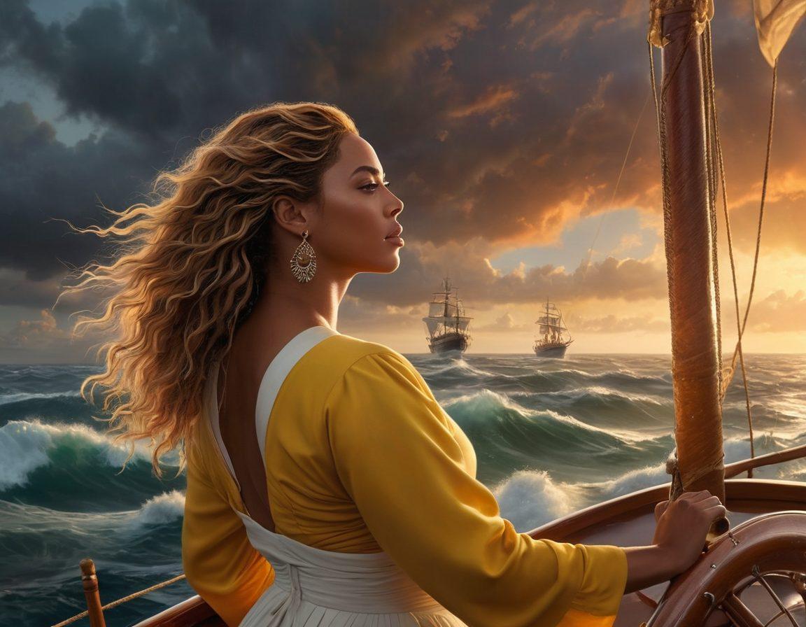 A powerful depiction of Beyoncé standing confidently at the helm of a ship navigating through stormy seas, symbolizing her influence in music. Surround her with iconic symbols of female empowerment, like a microphone, music notes, and cultural icons waving flags of diverse nationalities. The sky should transition from dark clouds to a radiant sunset, representing the evolution of female power. Combine elements of realism and impressionism for emotional depth. vibrant colors. super-realistic.